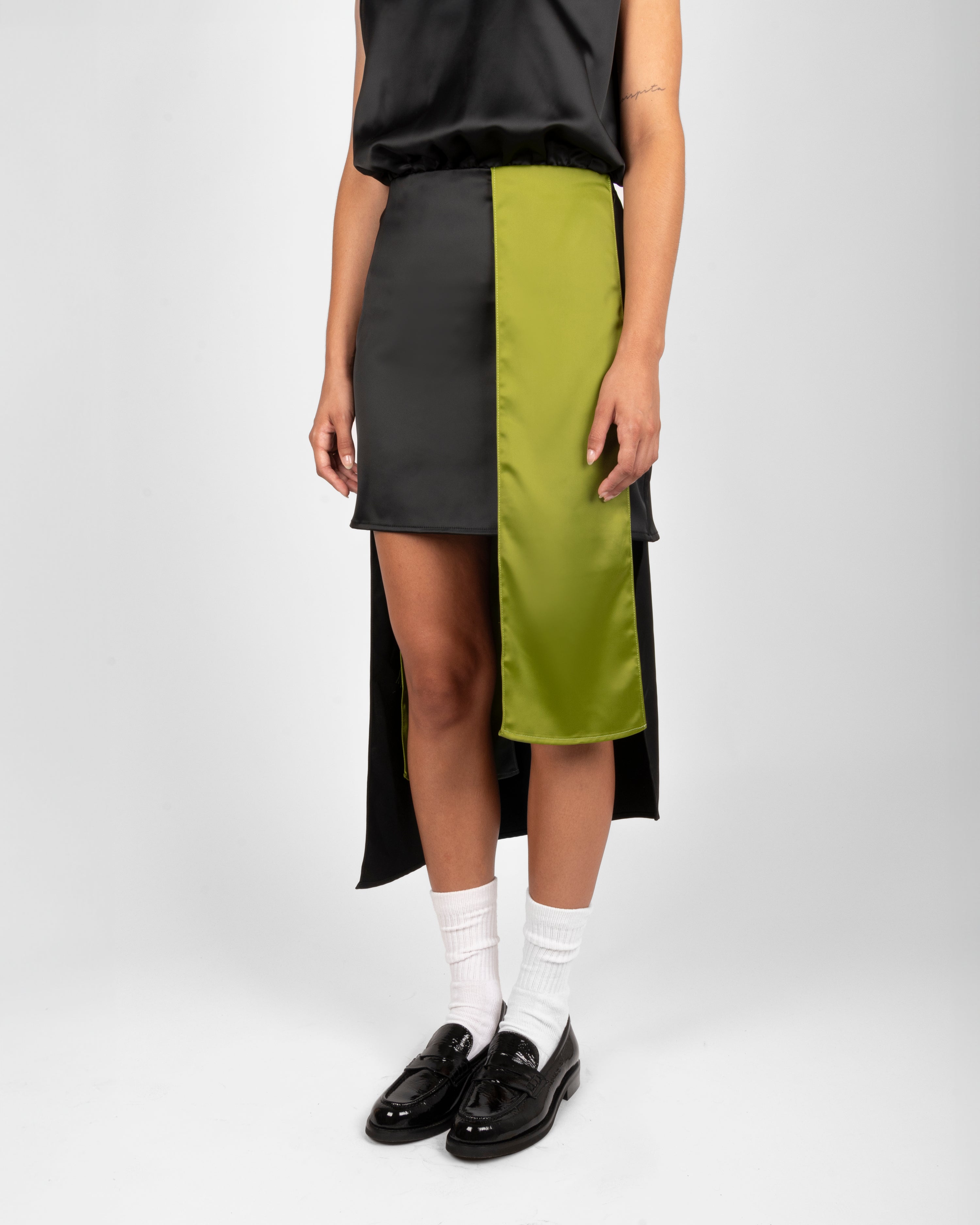 3.ATD Black satin midi dress with green contrast detail