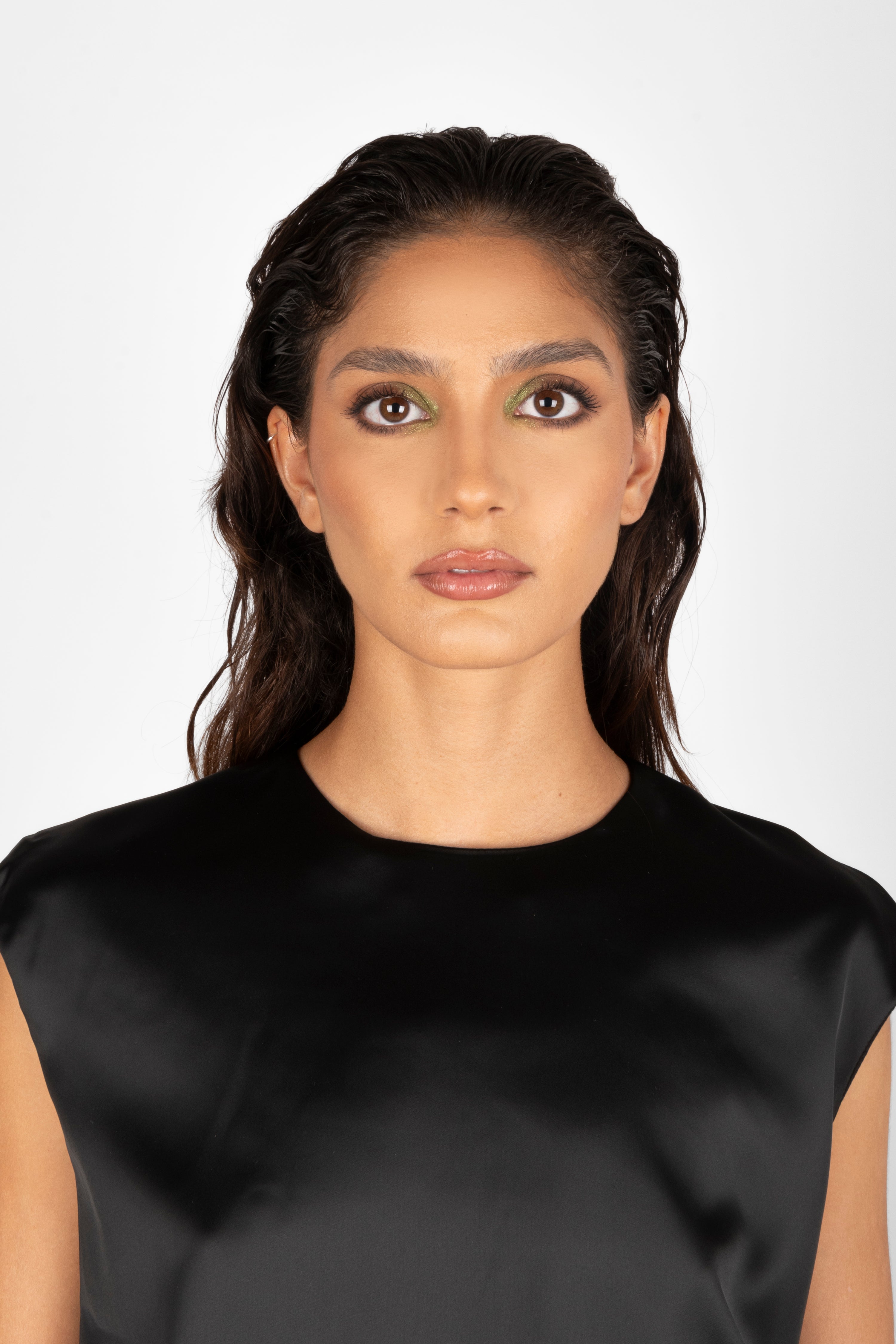 3.ATD Black satin midi dress with green contrast detail
