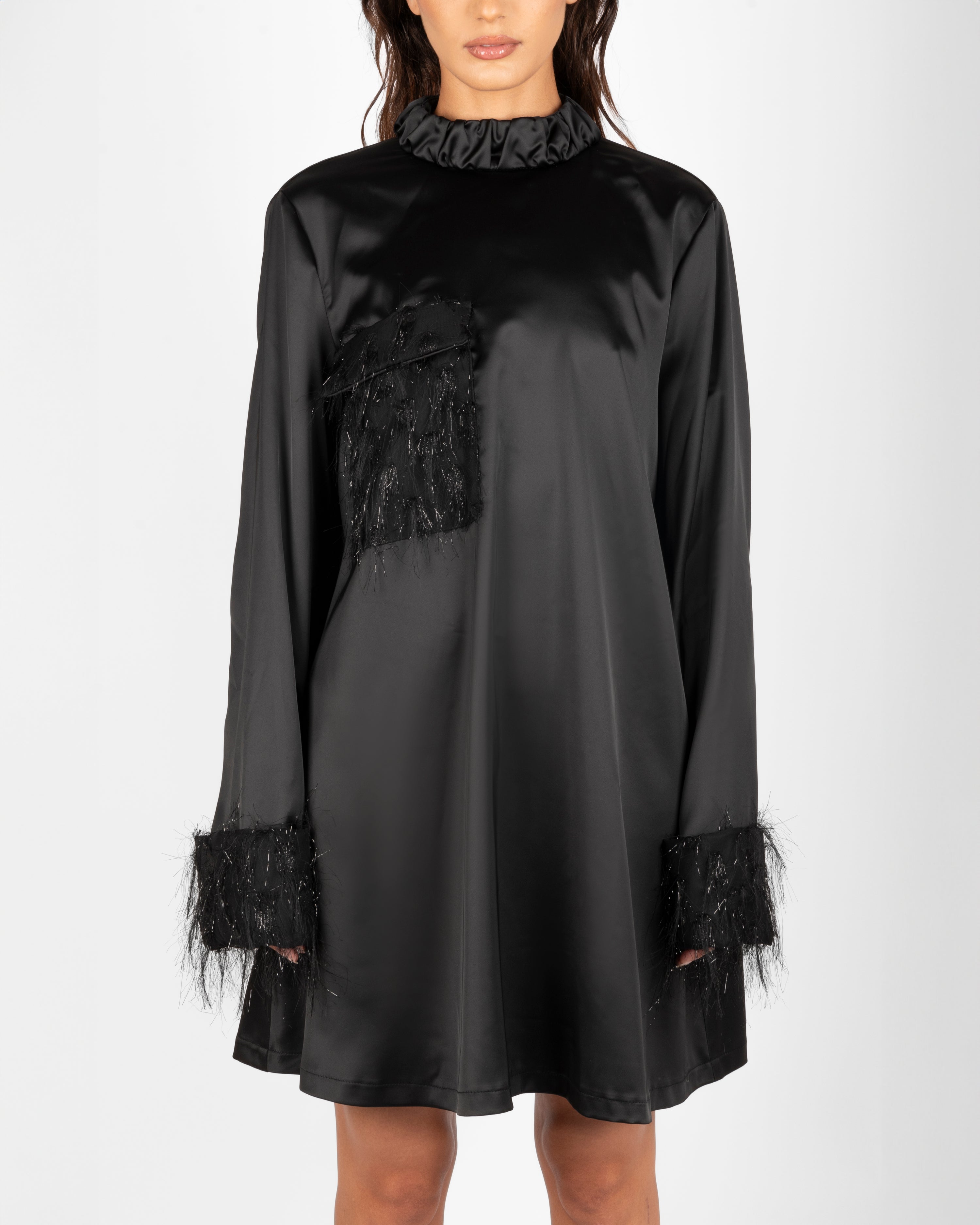 5.ATD Short black dress with feather details