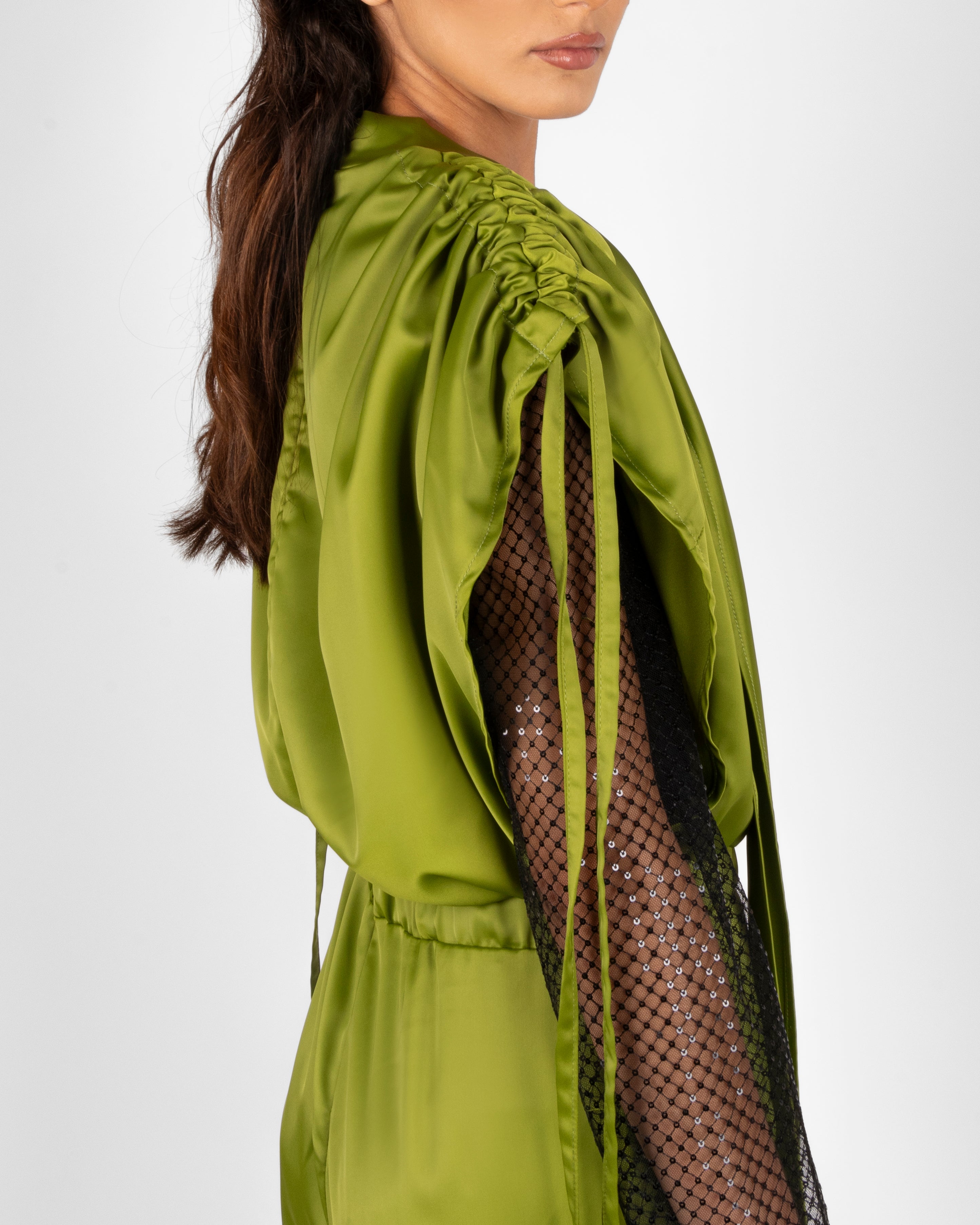 10.ATD Lime Green Satin Oversized Jumpsuit with Cape - Atrio