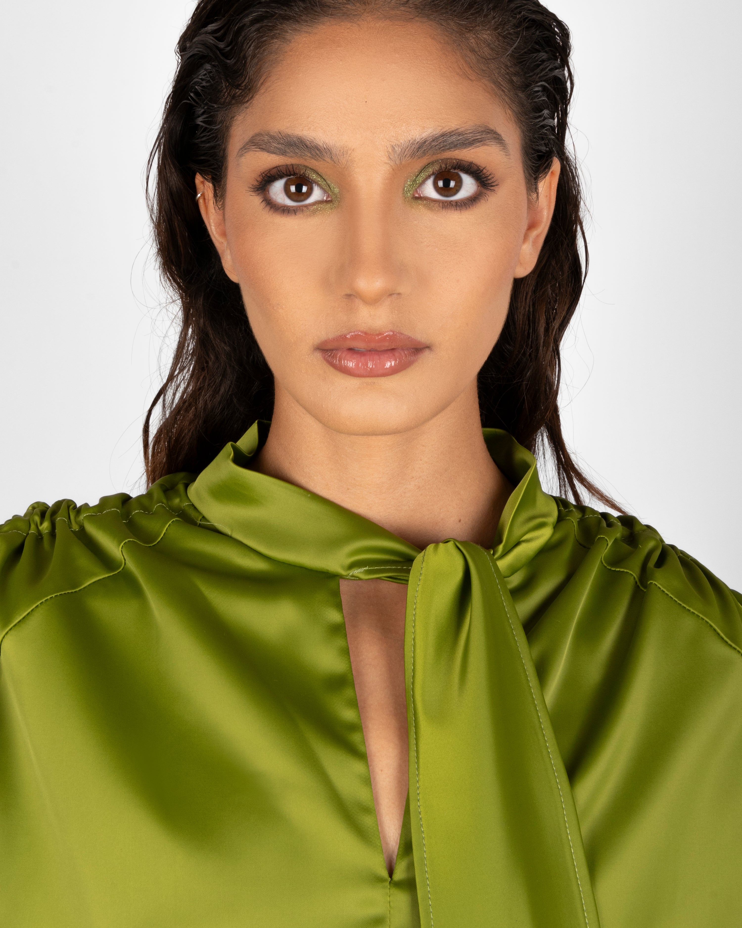 10.ATD Lime Green Satin Oversized Jumpsuit with Cape - Atrio