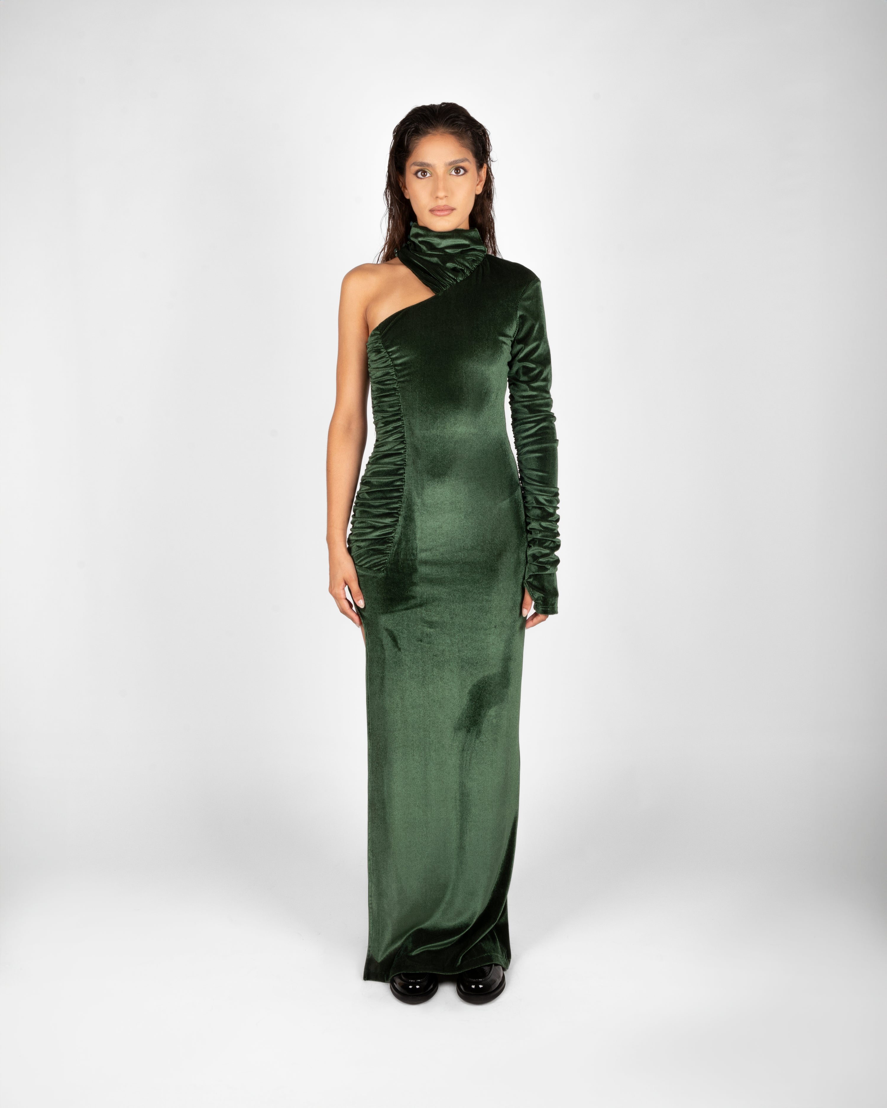 19.ATD Green Asymmetric Velvet Dress