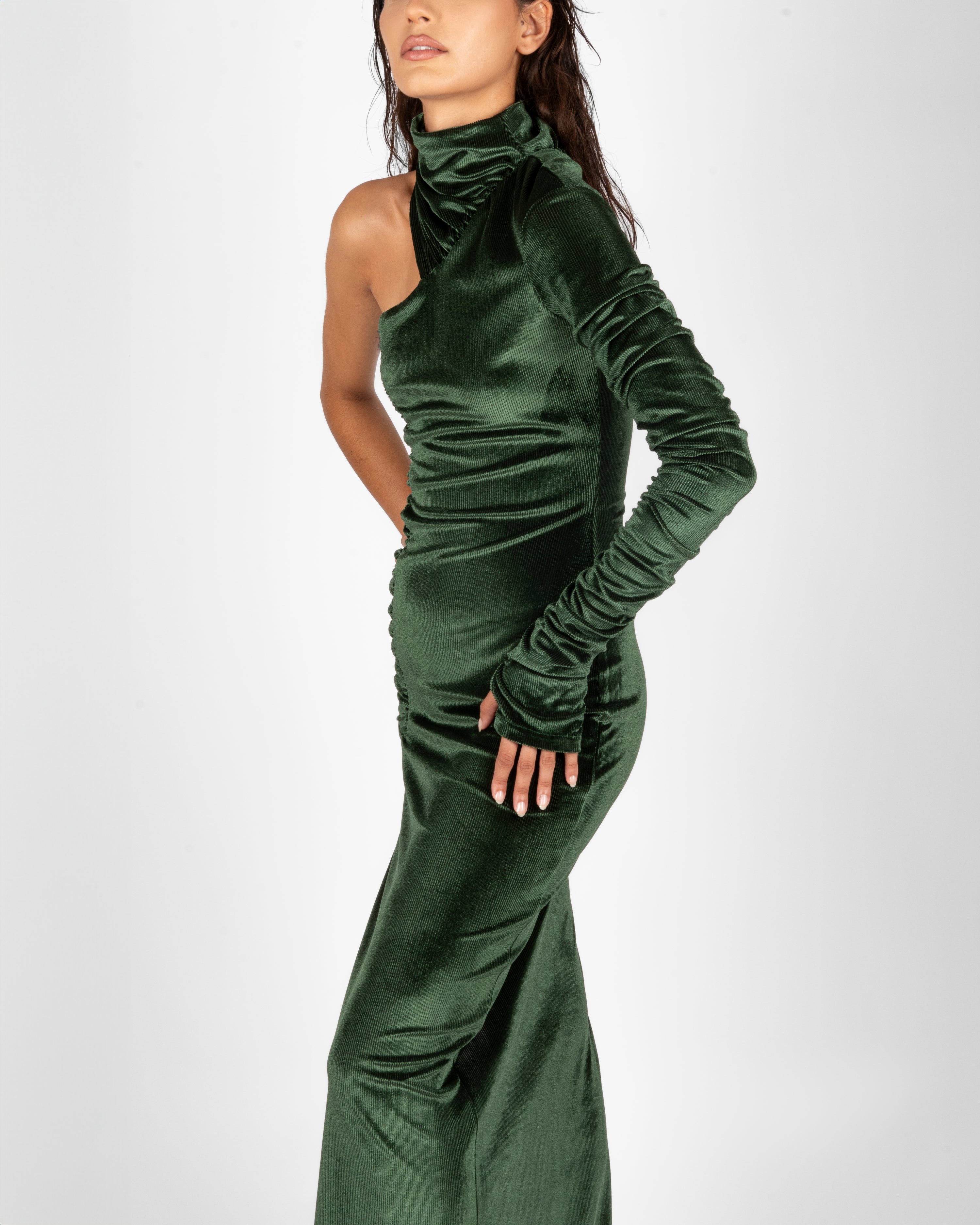 19.ATD Green Asymmetric Velvet Dress