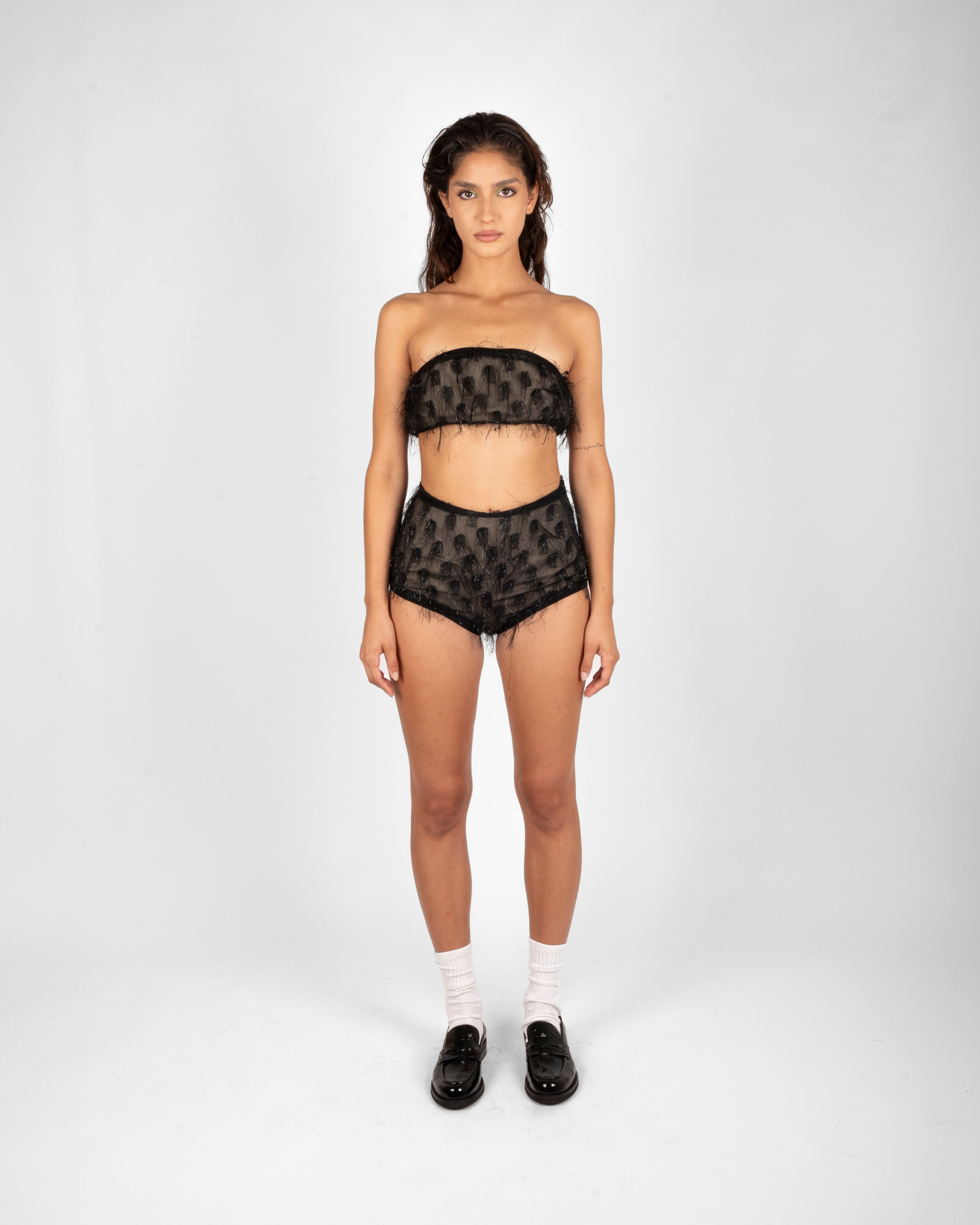 25.ATD Organza Bralette with Fringes and Matching Shorts